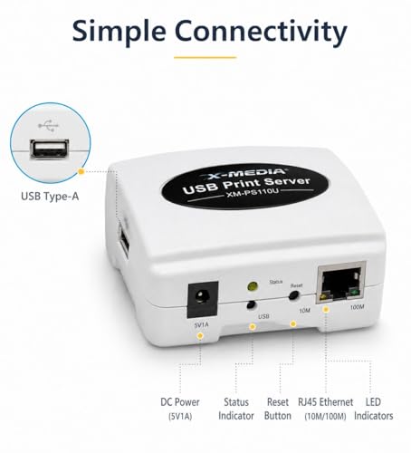 X-MEDIA XM-PS110U 1-Port 10/100Mbps Fast Ethernet USB Print Server | USB 2.0 Port Network Print Server