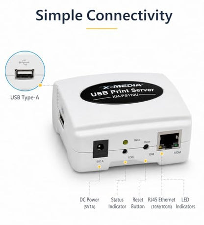 X-MEDIA XM-PS110U 1-Port 10/100Mbps Fast Ethernet USB Print Server | USB 2.0 Port Network Print Server