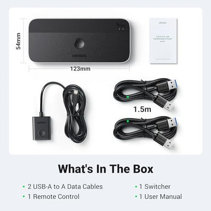 UGREEN USB 3.0 Switch 2 Computers Sharing USB C & A Devices, 4 Port USB Switcher Sharing Keyboard and Mouse, Printer/Scanner USB Switch Hub for Two Computers with 2 USB3.0 Cables and Remote - color: Silver