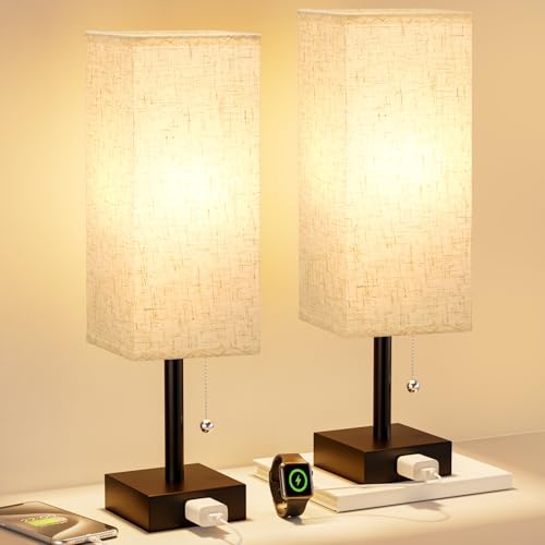 Bedside Lamp for Bedroom Set of 2 - Small Table Lamp for Nightstand | AC Outlet, 3 Color Temperatures, LED Bulb Included, Pull Chain Design, 14" Rectangular Desk Lamp for Dorm/Office, 2-Pack - color: Cream, size: 14.3In