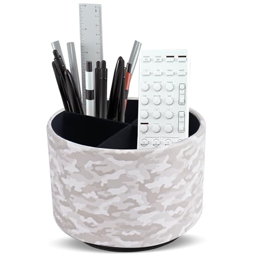 Round Leather Art Supply Organizer,Remote Control Holder,360 Degree Rotating,Multi-Functional Pencil Holder,4 Compartments Desktop Stationary Organizer(1-Camouflage White) - color: 1-Camouflage White