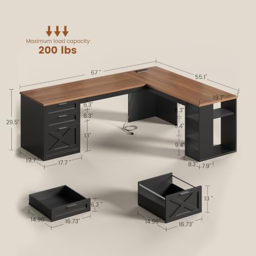 SEDETA 67" Farmhouse Executive L Shaped Desk with 3 Drawers - color: Black and Brown, size: L Shaped Desk (67")