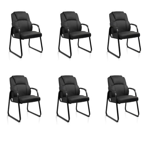 CLATINA Ergonomic Black Guest Chair with Arms Set of 6- Office Reception and Conference Seating, PU Leather Meeting Chairs with Sled Base for Waiting Rooms and Home Offices - color: Black-sled Base, size: 6PK