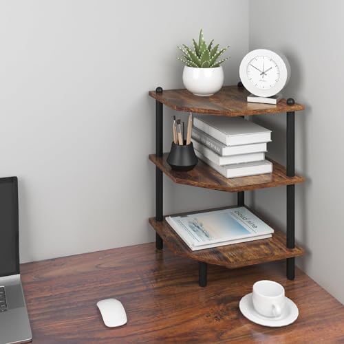 Corner Shelf Stand for Desk - 90° Corner Design to Free Up Desktop | Easy to Assemble 3-Tier Vertical Storage 15 lb Per Shelf 6.7 in Clearance for Books Coffee Mugs Supplies on Office Desks - color: Rustic Brown