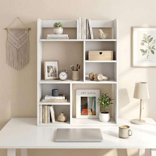 Giantex 3-Tier Desktop Bookshelf, 23.5" Desk Hutch Dorm with 8 Open Storage Cubes, Desk Organizer Shelf for Computer Desk, White Desk Shelves for Home Office College Dressing Tabletop