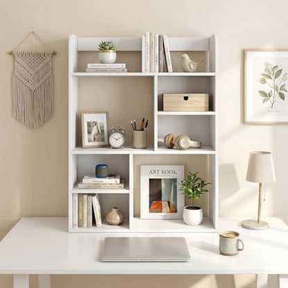 Giantex 3-Tier Desktop Bookshelf, 23.5" Desk Hutch Dorm with 8 Open Storage Cubes, Desk Organizer Shelf for Computer Desk, White Desk Shelves for Home Office College Dressing Tabletop