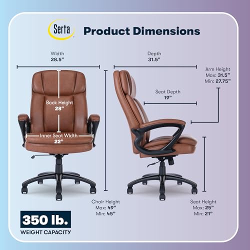 Serta Fairbanks Big & Tall Executive Office Chair, Ergonomic High-Back with Lumbar Support, Semi-Plush Seat Cushion and Body Pillows, Padded Armrests, Nylon Swivel Base, Bonded Leather, Cognac Brown - color: Cognac, size: 350 lbs