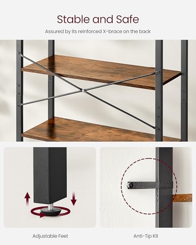 VASAGLE 6-Tier Bookshelf, Bookcase with Steel Frame, Book Shelf for Living Room, Home Office, Study, 11.8 x 31.5 x 73.2 Inches, Industrial Style, Rustic Brown and Ink Black ULLS082B01 - color: Rustic Brown + Ink Black, size: 6 Tiers (11.8"D x 31.5"W), sty