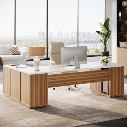 Tribesigns 85.8-Inch L-Shaped Executive Desk, White & Brown - color: White & Brown