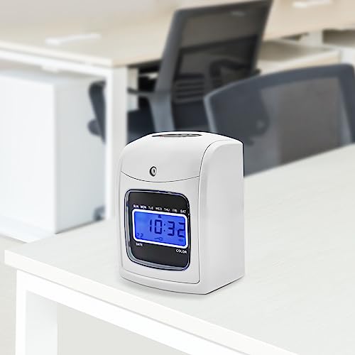 Time Clock Punch Machine, Modern Starter Time Clock Bundle with 50 Cards, 1 Backup Ribbon, 2 Keys and LCD Display, Wall-Mounted/Desktop Employee Time Clock for Small Business White