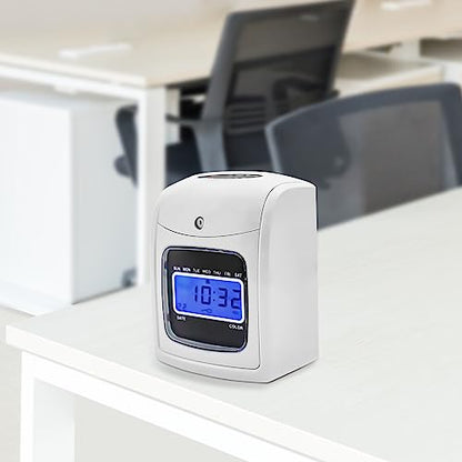 Time Clock Punch Machine, Modern Starter Time Clock Bundle with 50 Cards, 1 Backup Ribbon, 2 Keys and LCD Display, Wall-Mounted/Desktop Employee Time Clock for Small Business White