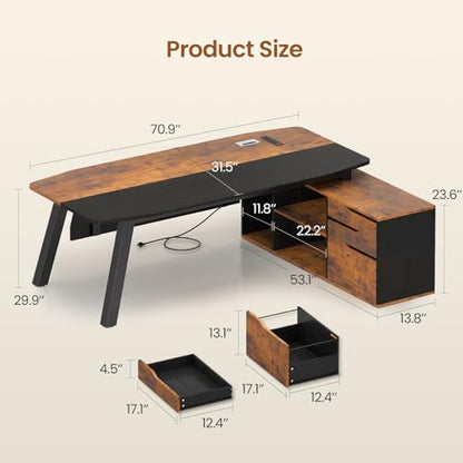 SEDETA 71" L Shaped Executive Desk with File Cabinet & Power Outlet - color: Brown