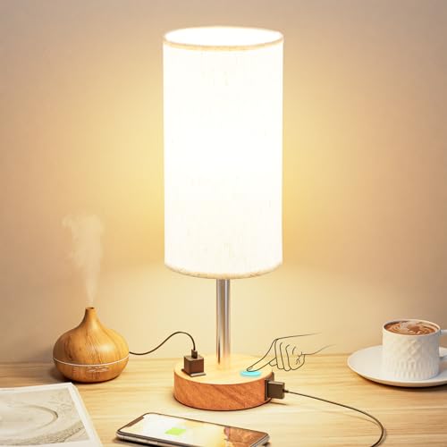 Fenmzee Bedside Table Lamp for Bedroom - Dimmable Touch, USB A+C, AC Outlet | 3-Way Dimmable, LED Bulb Included, Fabric Lampshade, Wood-Grain Metal Base, 14" Small Nightstand Lamp for Desk, Living Room - color: Cream Shade-Wood Base, size: 14" Touch Contr