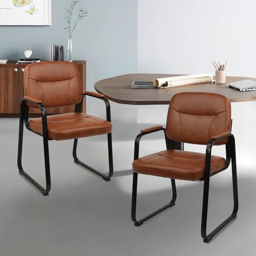 CLATINA Waiting Reception Chairs No Wheel, Leather Guest Chair with Padded Arms, Modern Brown Office Desk Chairs with Sled Base for Office Meeting Conference Room Lobby Home Living Room (2 Pack) - color: Brown-sled Base, size: 2pack