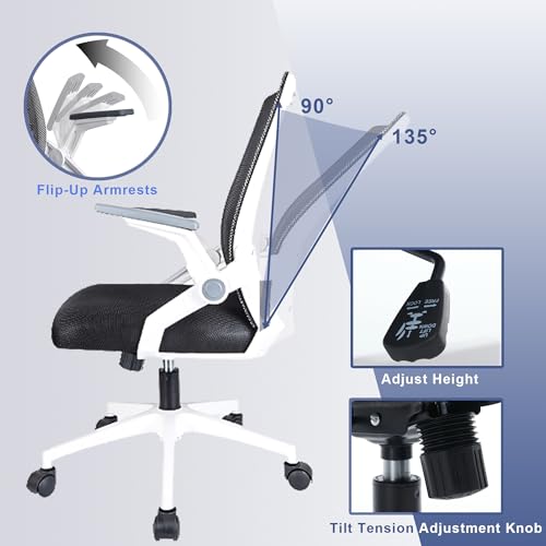 Ergonomic Office Chair with Flip-Up Arms, Small Desk Chair with Breathable Mesh Back, Home Office Desk Chair that Saves Space, Compact Swivel Computer Chair - color: White