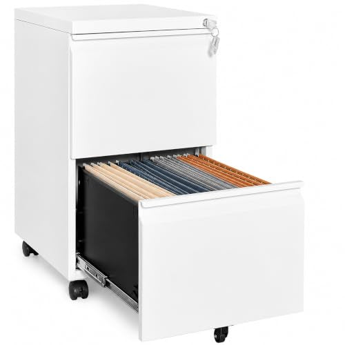 SAWJEC 2 Drawer Rolling File Cabinet Fully Assembled, White | Fully Assembled, Metal Under Desk Filing Cabinet with Lock & Wheels, 17"D x 15"W x 26"H, Letter/Legal/A4, for Home Office - color: White, size: 26"H x 15"W x 17"D