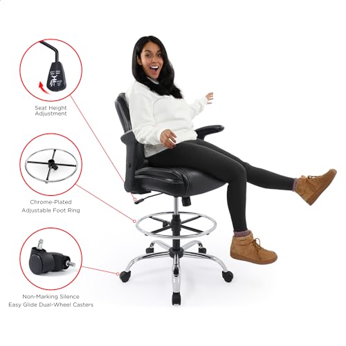 Ergonomic Mid-Back Premium Faux Leather Adjustable Drafting Chair with Multi-Function Arms and Foot Ring, Standing-Desk Matched Tall Swivel Computer Office Stool, Black
