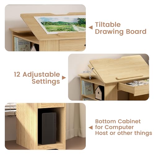Drafting Table with Storage Cabinet & Drawers, Adjustable Drawing Desk with Open Shelves, Craft Table Painting Desk for Artists, Painters, Drawing, Crafting, Reading, Writing, Working - color: Oak