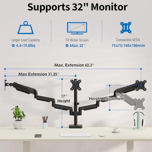 Triple Monitor Desk Mount for Computer Screens up to 32" | Holds up to 19.8 lbs Each, 3 Monitor Arm, Heavy Duty Stand Vesa Mount 75x75, 100x100 - size: Triple