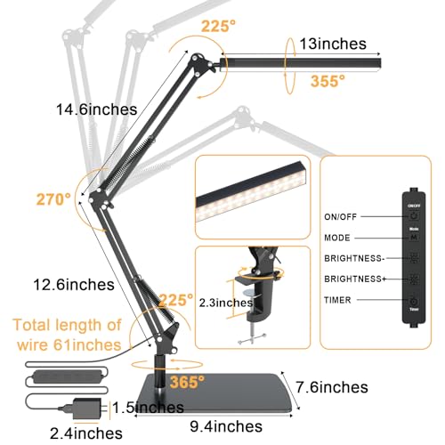 TROPICALTREE LED Desk Lamp for Home Office and Round Base, Clamp-On with 5 Light Modes & Auto Shut Off | 14W Adjustable Brightness 5000K Eye-Caring Lighting for Study/Bedroom/Computer Desk - color: Black