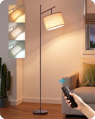 EDISHINE 64.7IN Brown Floor Lamp for Living Room with Remote, Standing Lamp | Foot Pedal Switch, 5CCT, Dimmable, Bulb Included, Adjustable Head, Sturdy Base, Modern for Living Room, Bedroom - color: Brown Linen