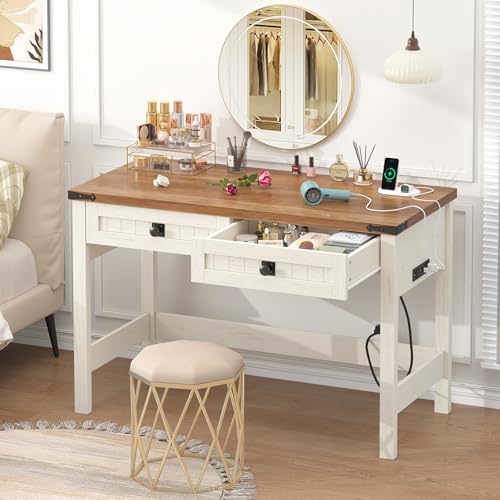 39 Inch Farmhouse Small Computer Desk with Drawers for Bedroom, Home Office - color: Antique White