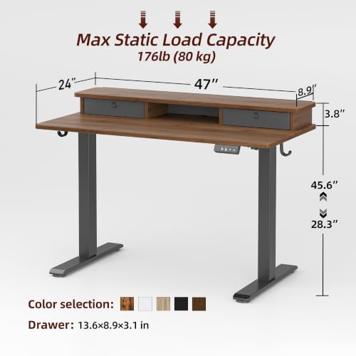 TIQLAB 48 * 24 inch Standing Desk with Two Drawers&Top Shelf, Black Walnut | Smooth Height Adjustment, 2 Memory Presets, One-Touch Control, Stable Steel Frame, 176 lbs Capacity, Easy Assembly - color: Black Walnut, size: 47*24 inch without keyboard tray