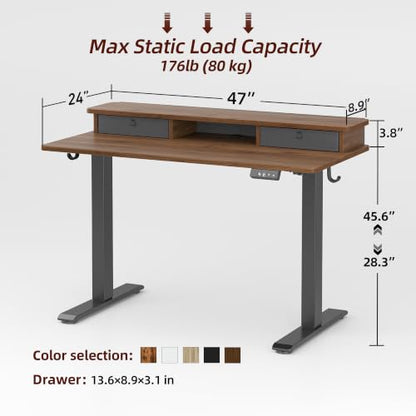 TIQLAB 48 * 24 inch Standing Desk with Two Drawers&Top Shelf, Black Walnut | Smooth Height Adjustment, 2 Memory Presets, One-Touch Control, Stable Steel Frame, 176 lbs Capacity, Easy Assembly - color: Black Walnut, size: 47*24 inch without keyboard tray