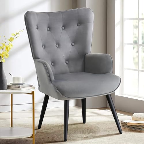 Furniliving Modern Accent Chair, Velvet Tufted Button Wingback Chair Upholstered Side Armchair Comfy Lounge Chair with Tapered Legs Sofa Leisure Chair for Home Office/Living Room/Bedroom, Grey - color: Grey, size: Set of 1