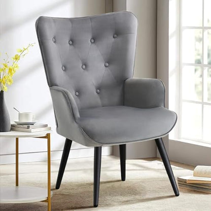 Furniliving Modern Accent Chair, Velvet Tufted Button Wingback Chair Upholstered Side Armchair Comfy Lounge Chair with Tapered Legs Sofa Leisure Chair for Home Office/Living Room/Bedroom, Grey - color: Grey, size: Set of 1