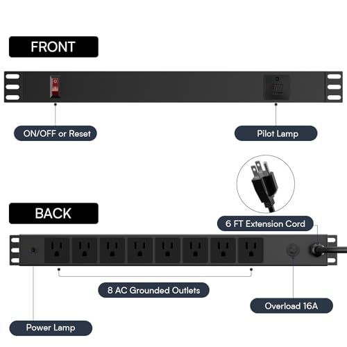 8 Outlet Horizontal 1U Rack Mount PDU Power Strip with Surge Protector - 110V/15A - 6ft Power Cord for Network Server Racks (PDU-03)