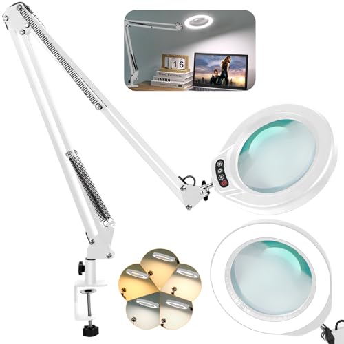 VEEMAGNI 5 Inch Large Real Glass Magnifying Glass with Light and Stand, 5 Color Modes Stepless Dimmable, 2*16 Inch Swivel Arm LED Clamp Desk Lamp, Hands Free 15X Lighted Magnifier for Crafting-White - color: White, size: 15X