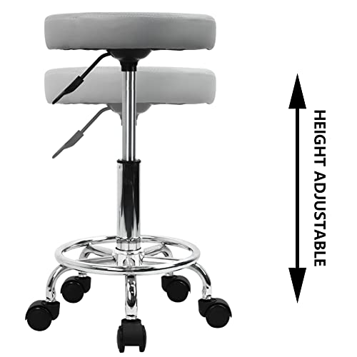 KKTONER PU Leather Round Rolling Stool with Foot Rest Swivel Height Adjustment Spa Drafting Salon Tattoo Work Office Massage Stools Task Chair (Grey) - color: Grey
