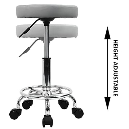 KKTONER PU Leather Round Rolling Stool with Foot Rest Swivel Height Adjustment Spa Drafting Salon Tattoo Work Office Massage Stools Task Chair (Grey) - color: Grey