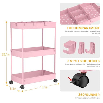 SPACELEAD 3 Tier Rolling Cart with Wheels, Storage Craft Art Trolley Organizer Serving, 3 Hanging Baskets Easy Assembly, for Office, Living Room, Kitchen, Pink - color: Pink
