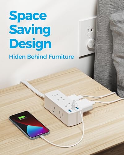 Flat Plug Power Strip with 5 FT Extension Cord, 6 Outlets 3 USB Ports(1 USB C), 3 Sided Outlet Extender for Home Office Travel Dorm Room Essentials, White