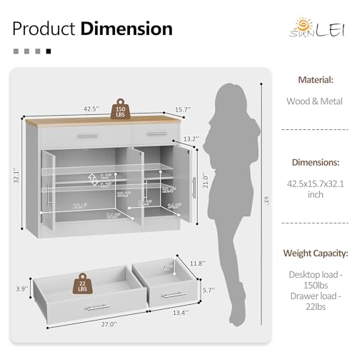SUNLEI Kitchen Buffet Sideboard Cabinet with Storage, Farmhouse Kitchen Cabinet with 3 Doors and 2 Drawers, Coffee Bar Cabinet with Storage for Living Room, White - color: White, size: 42.5 inch