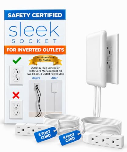 Sleek Socket Original and Patented Flat Ultra-Thin Outlet Concealer with EXTENSIO - size: 8 ft - Dual Cords, style: Inverted Outlet