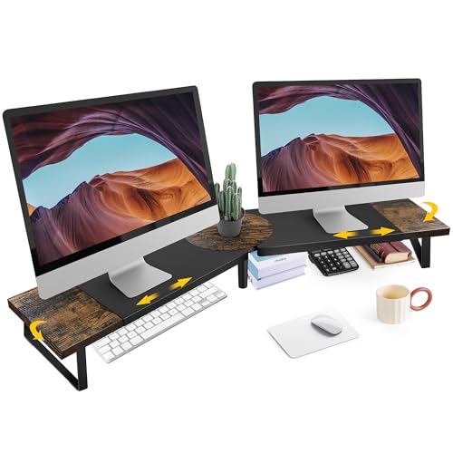 Across-Star Dual-Monitor Stand for Desk - Large Adjustable Length and Angle Riser for 2 Monitors, Double Computer Desktop Organizer, Shelf for TV, Laptop, Printer - color: Rustic Brown, size: 30.3-40.5‘’L*9.45‘’D*4.9‘’H