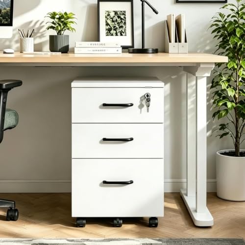 Lockable 3-Drawer Mobile Filing Cabinet with Wheels, Heavy-Duty Vertical Under Desk Storage & Printer Stand, Compatible with A4, Letter, Legal Size Hanging Files Home Office Use (White) - color: White