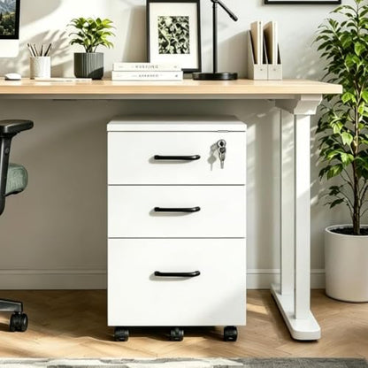 Lockable 3-Drawer Mobile Filing Cabinet with Wheels, Heavy-Duty Vertical Under Desk Storage & Printer Stand, Compatible with A4, Letter, Legal Size Hanging Files Home Office Use (White) - color: White