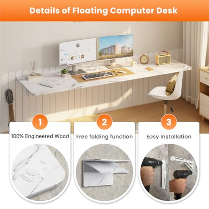 IAE Wall Mounted Folding Desk,Floating Computer Desk for Small Spaces,White | 72x22in engineered wood desktop with metal brackets, folds flat to save space in home office, apartment and laundry room - color: White, size: 72"*22"