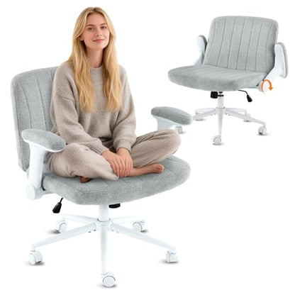 VINGLI Criss Cross Chair with Adjustable Flip-Up Arms,Cross Legged Chair with Wheels, Extra Wide Office Chair,Cozy Desk Chair for Home Office, Vanity, Apartment,Chenille Velvet,Light Blue-Green - color: Light Blue-green