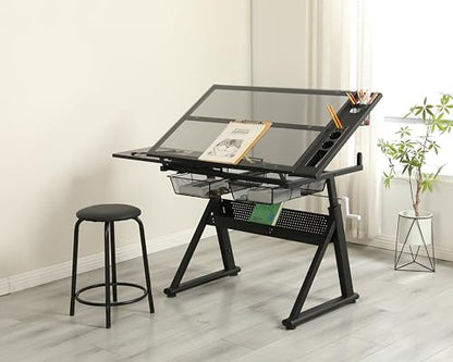 Hand Crank Lifting Drawing Table Black Tempered Glass Metal Workstation, 0-70° Tilt Adjustable Drafting Printing Desk with Metal Drawers & Support Chair for Indoor Study Bedroom Living Room