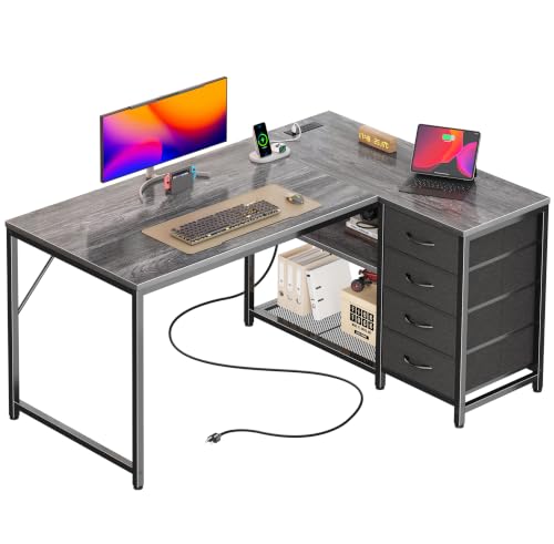 PRAISUN 43.3" Small L Shaped Desk with Power Outlets & 4 Drawers | Reversible Computer Desk with 2 Storage Shelves, Corner Office Desk for Gaming Writing Work Study, Grey - color: Grey, size: 43.3 Inch