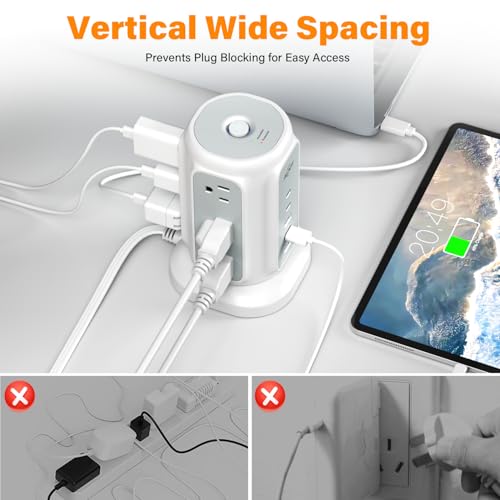 AiJoy 10FT Flat Plug Power Strip Tower with 9 AC Outlets and 5 USB Ports - color: White-10FT
