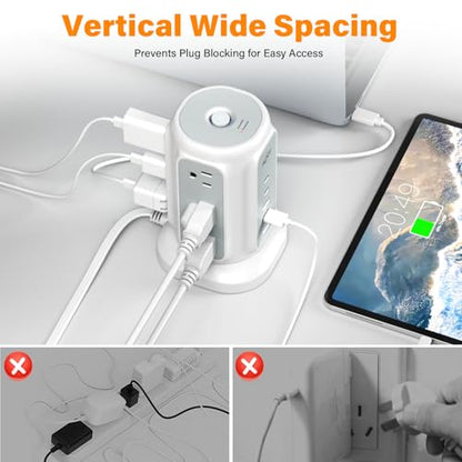 AiJoy 10FT Flat Plug Power Strip Tower with 9 AC Outlets and 5 USB Ports - color: White-10FT