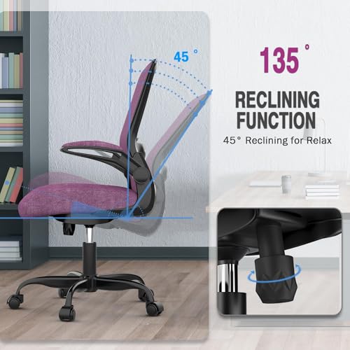 Ergonomic Office Chair w/Adjustable Lumbar, Flip Armrest, 135° Recline - color: Purple