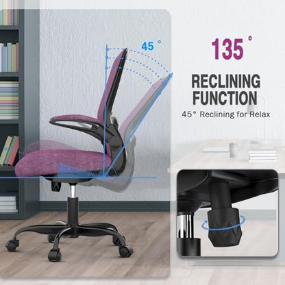 Ergonomic Office Chair w/Adjustable Lumbar, Flip Armrest, 135° Recline - color: Purple