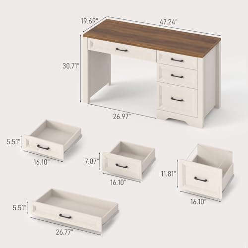 Vabches Farmhouse Executive Desk with Drawers, Home Office Desk with File Drawer, Wood Computer Desk with Ample Storage, Rustic Office Desk with Spacious Tabletop for Work, White - color: Brown White, size: 19.7"D x 47.2"W x 30.7"H